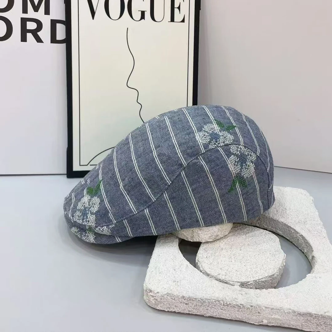 春夏新款韩版高品质刺绣花朵棉麻透气鸭舌帽女时尚百搭条纹前进帽