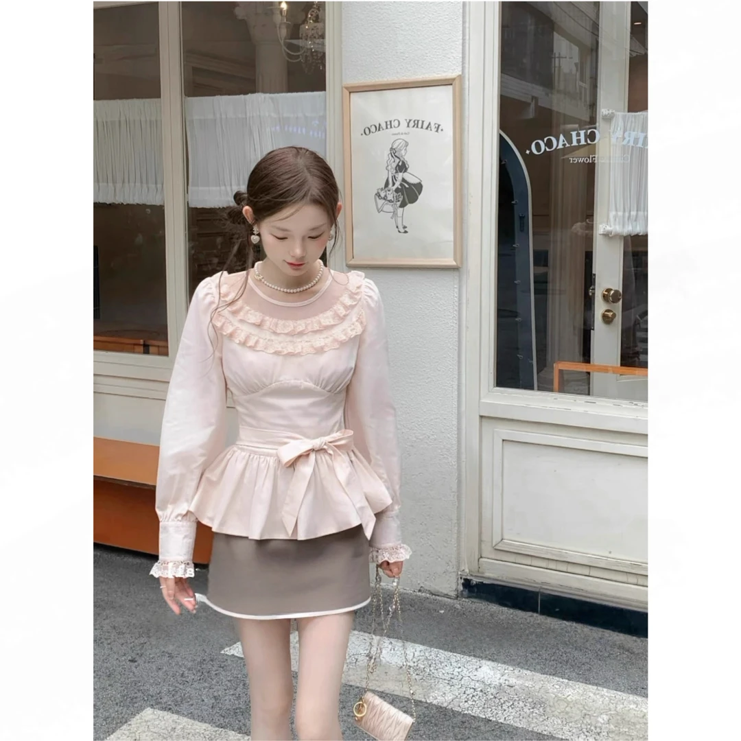 古董奈奈/日系甜美长袖衬衣绑带收腰撞色半裙秋冬