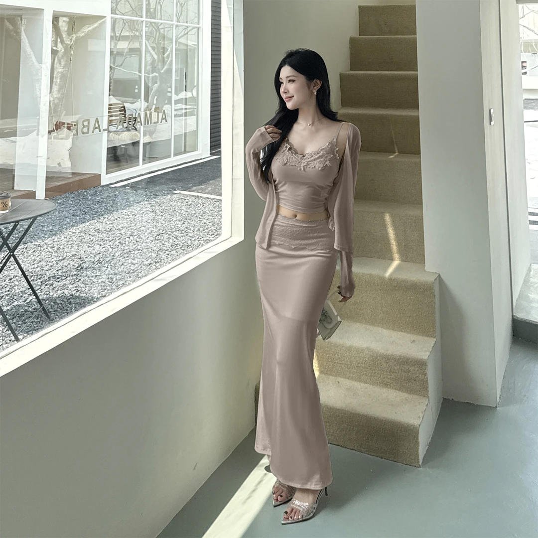 KaDaiShan 高级感轻熟风性感蕾丝吊带开衫半裙三件套纯欲秋季套装