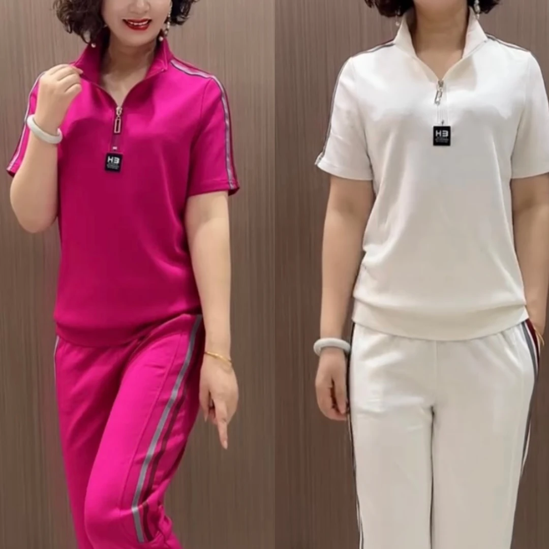 夏季新款妈妈装套装女款休闲半拉链短袖百搭宽松显瘦减龄套装