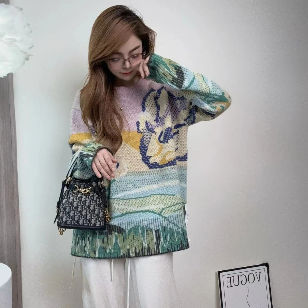 【油画原单艺术款】241731秋冬流行厚款羊绒衫高端配色设计洋气时尚