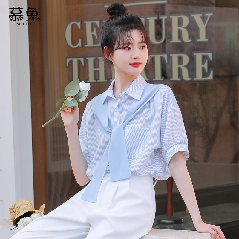 慕兔港风条纹披肩衬衫假两件女2024夏新款别致设计感小众短袖上衣