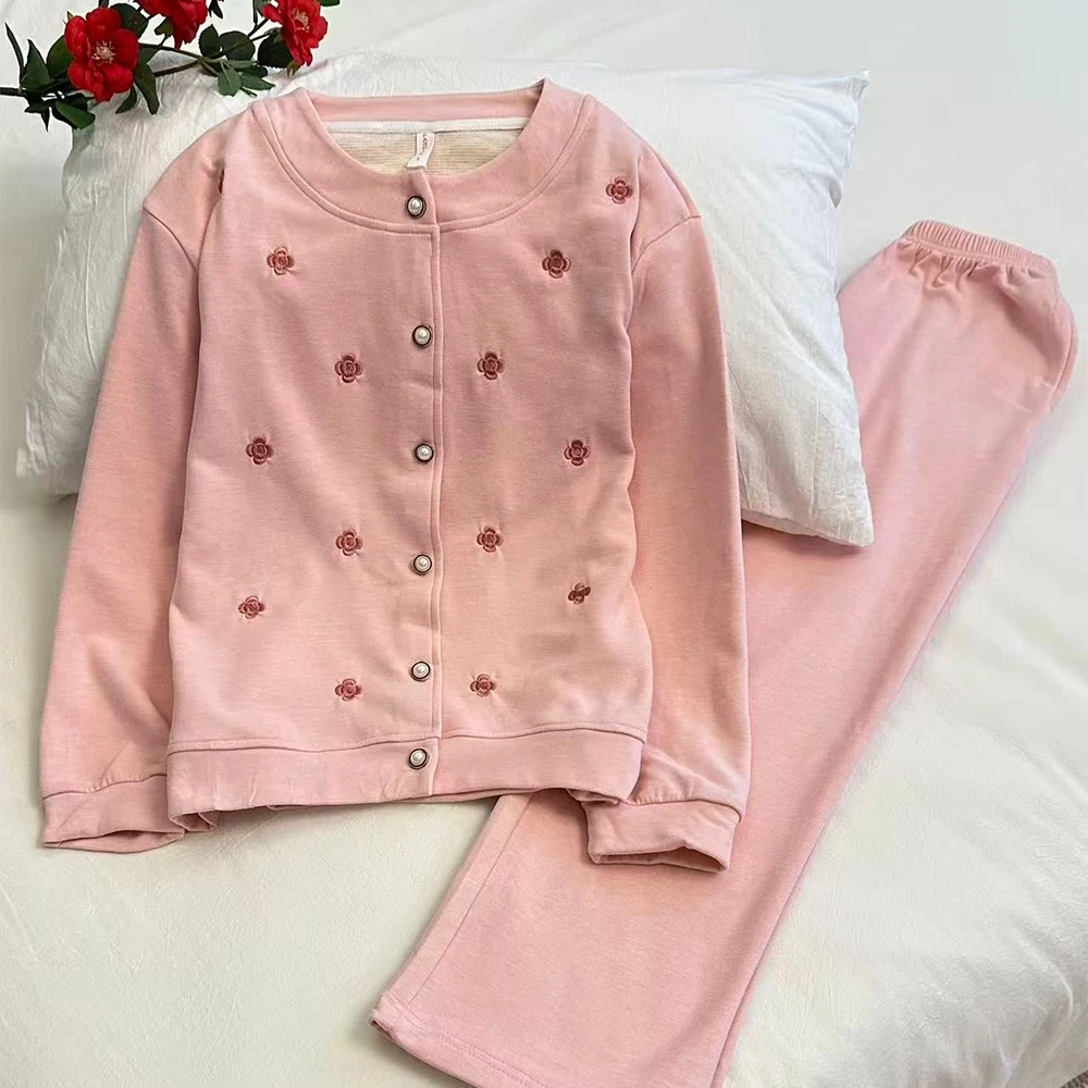 睡衣女士冬季暖绒开衫长袖长裤休闲甜美宽松大码可外穿家居服套装