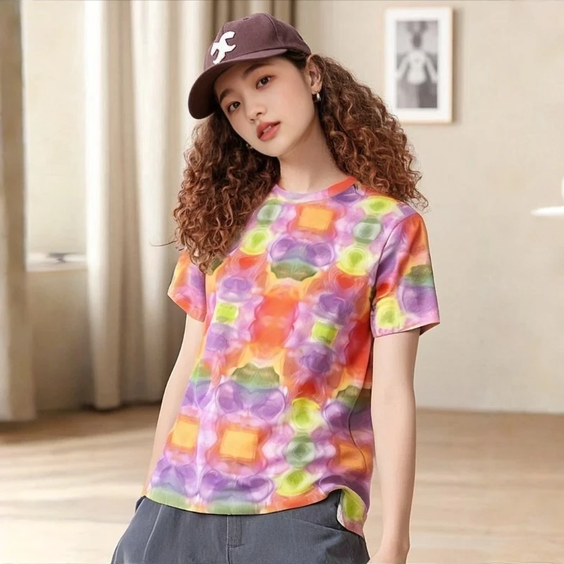 满印休闲宽松型T恤女款印花短袖彩绘直筒型夏季迷彩时尚圆领扎染