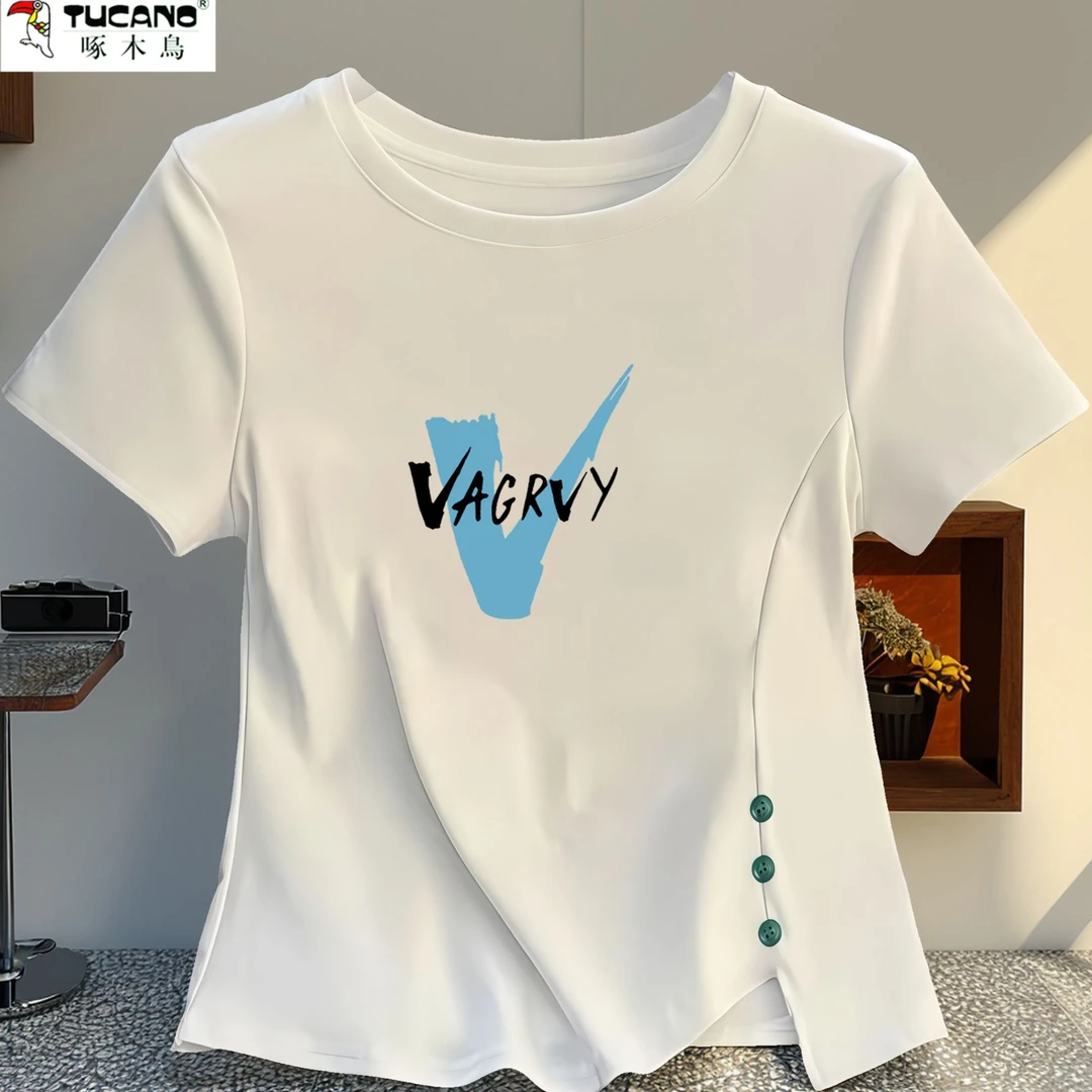 啄木鸟纯棉短袖t恤女2025夏季新款宽松百搭不规则短款体恤女上衣