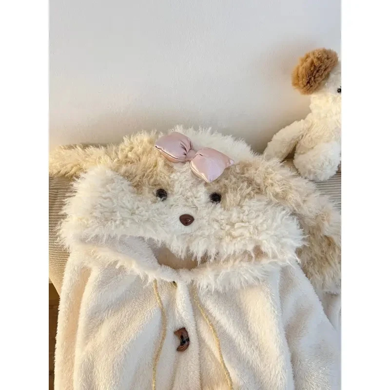 韩系甜美卡通兔子耳朵连帽珊瑚绒睡衣女秋冬保暖套装毛绒绒家居服