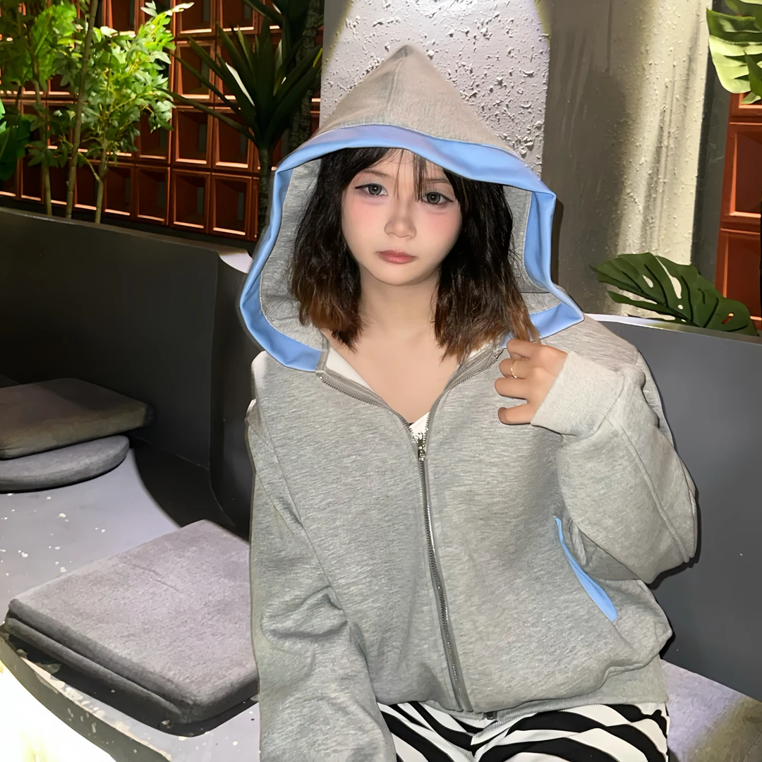 连帽宽松型休闲薄款长袖秋冬季开衫宽松女短外套加绒百搭