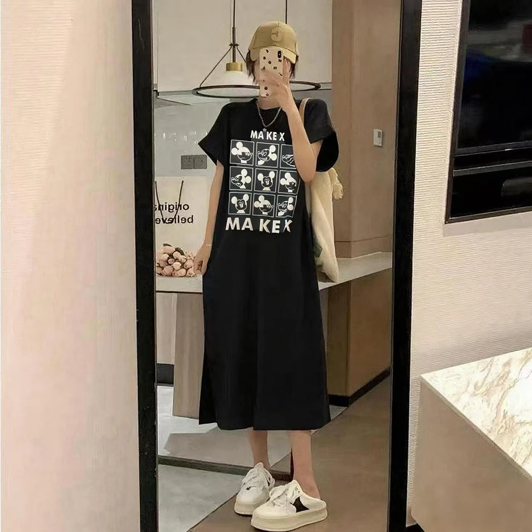100-149夏季高级感烫钻宽松显瘦连衣裙胖MM时尚设计感t恤裙