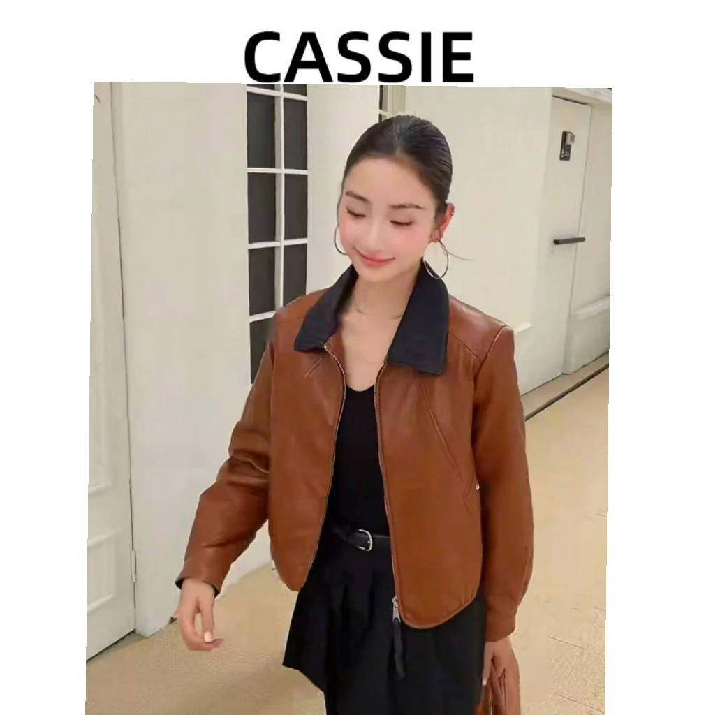 CASSIE冬季百搭翻领长袖90白鸭绒皮衣外套女宽松显瘦
