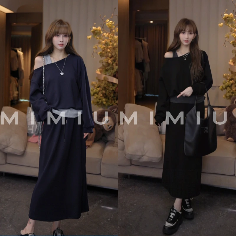 【mimius】U 宽松假两件露肩卫衣+半身裙  G08142