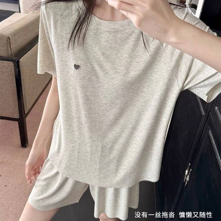 睡衣女夏季新款2025短袖短裤显瘦爱心刺绣套头亲肤家居服两件套夏