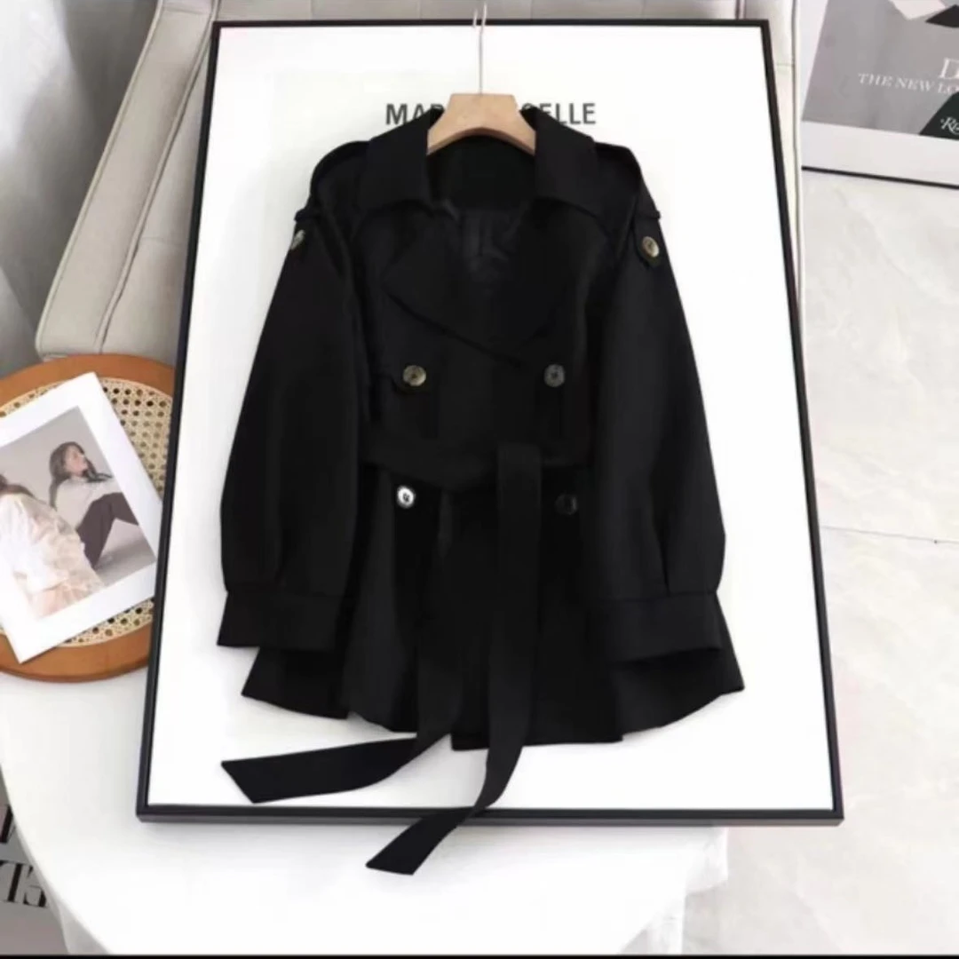 ES1385双排绑扣翻领修身短款风衣外套