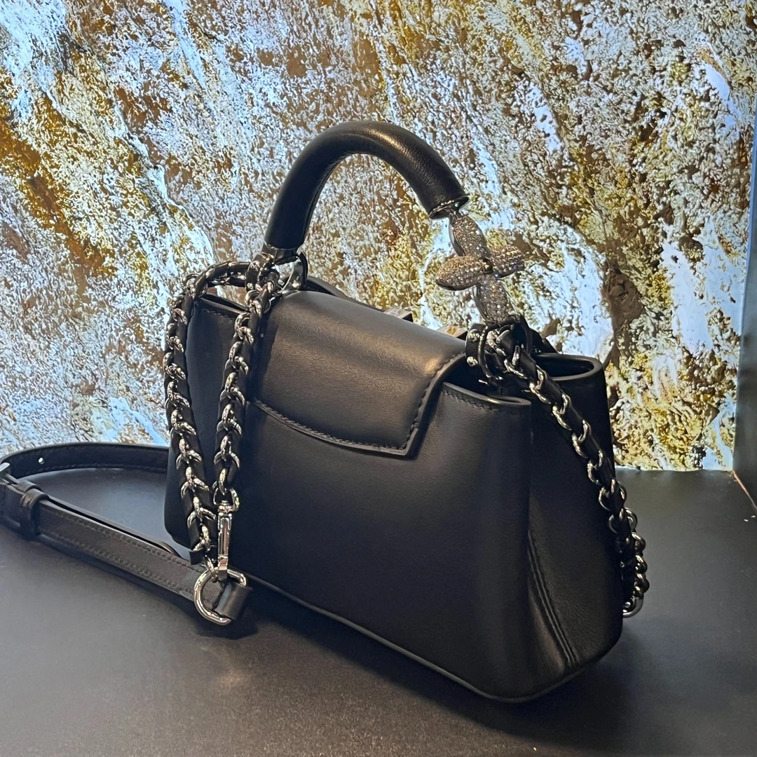 HIRMRIS手工真皮包551073-黑  花柄V露小号 22底长