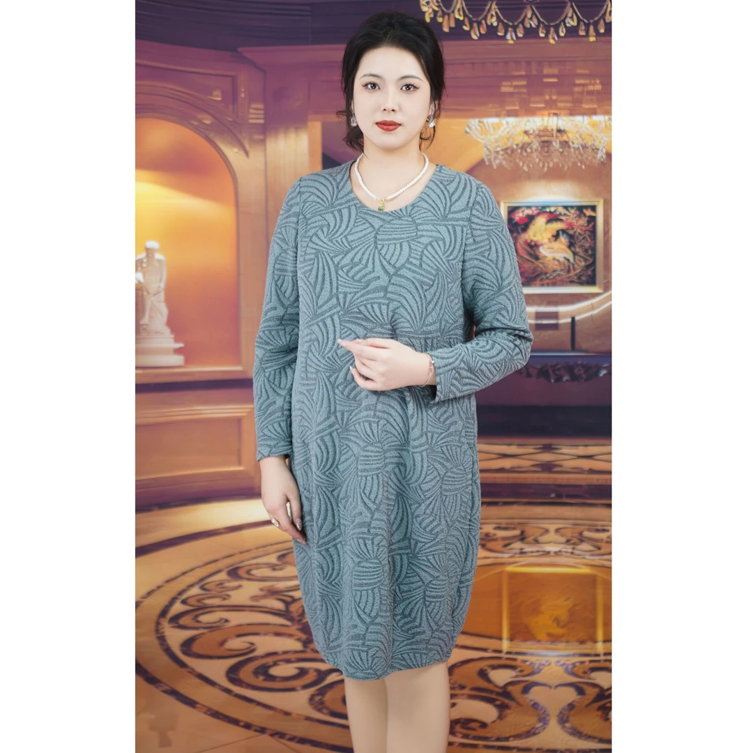 帥財閣帥家贝壳纹醋酸大码针织宽松中长款时尚圆领显瘦提花连衣裙