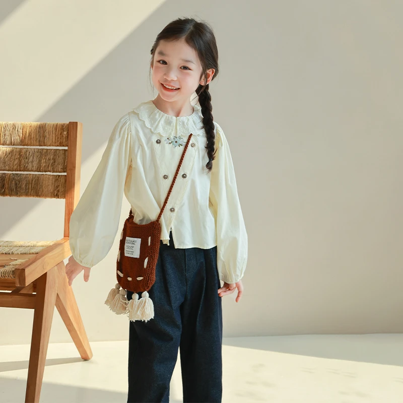 utouto大耳象女童蕾丝翻领三角形长袖小衫2025春季新款2408048