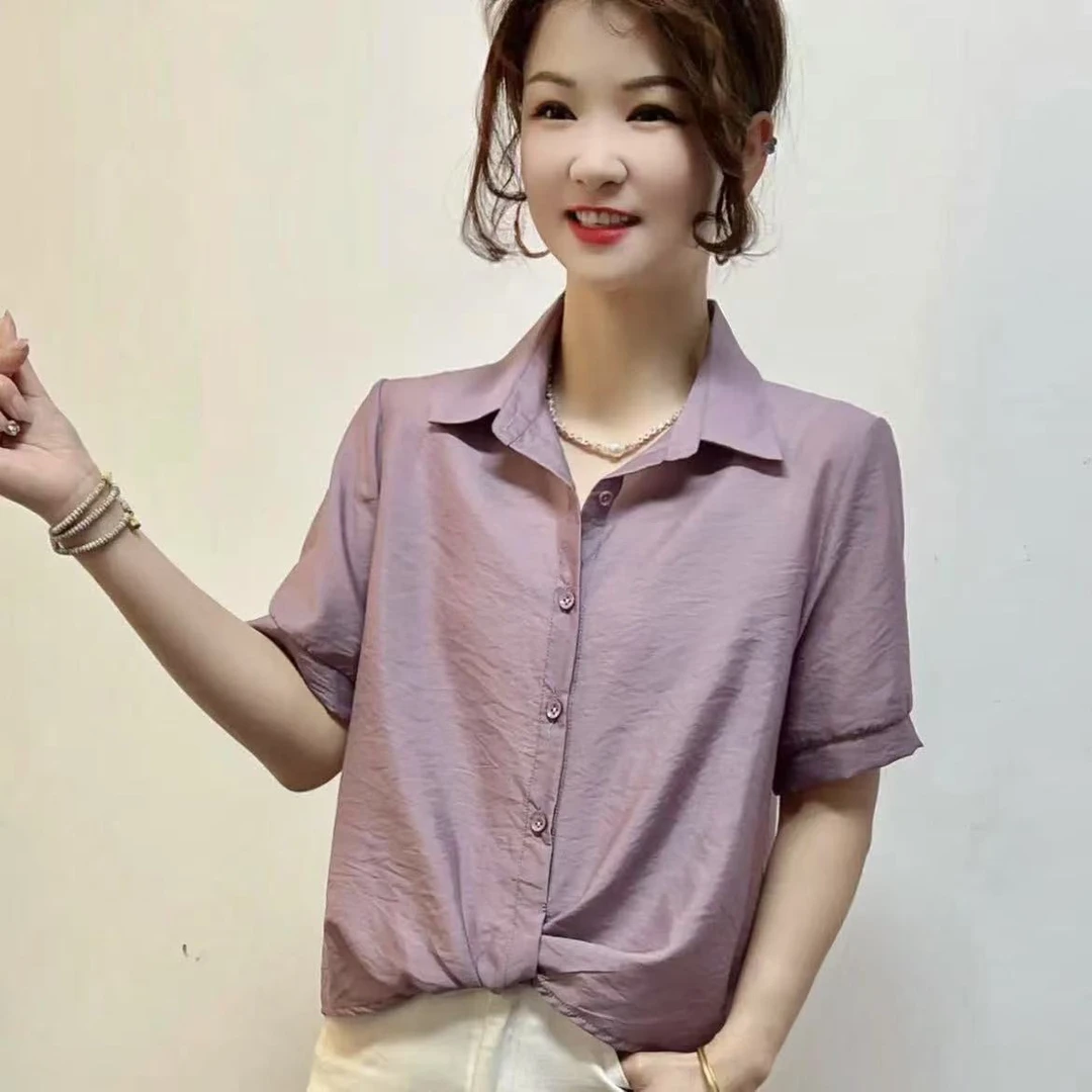 夏季韩版女士时尚百搭显瘦衬衫气质减龄纯色薄款短袖T恤休闲衬衣