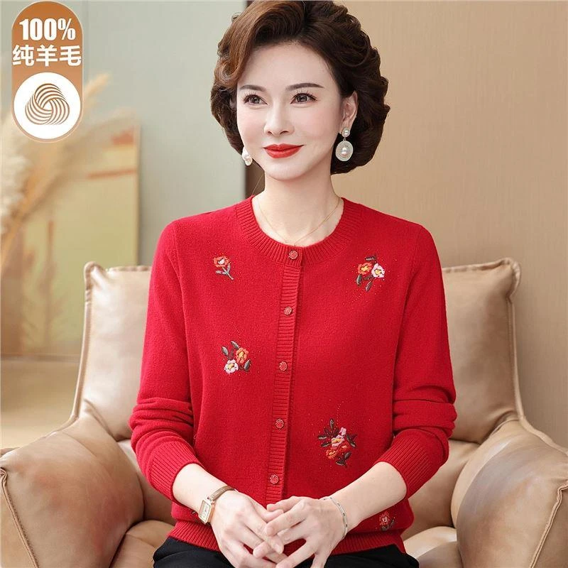 100%纯羊毛衫高档加肥加大妈妈秋冬毛衣开衫中老年圆领绣花外套薄