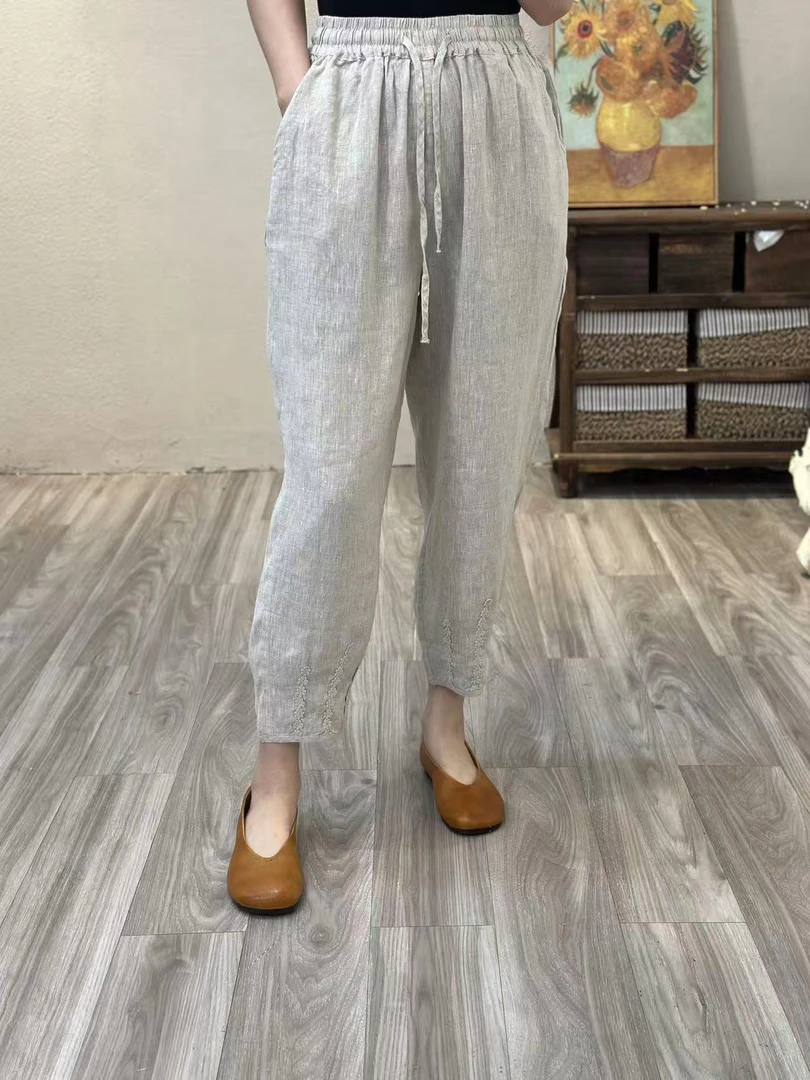 DengZhenZhen/邓贞贞8278-新款显瘦气质收腰亚麻休闲裤