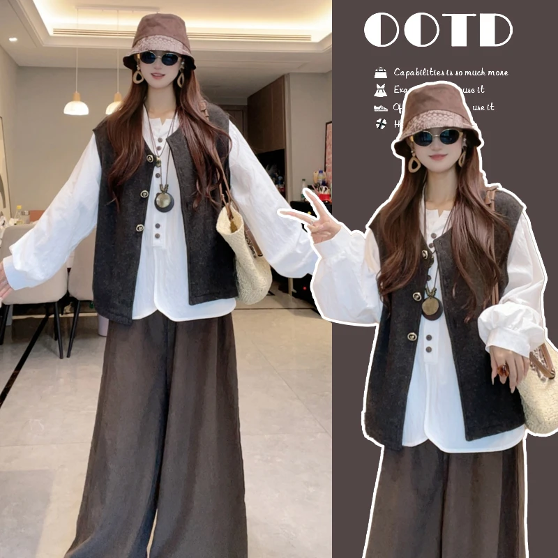 轻熟风韩系穿搭套装女2025秋季新款显瘦马甲阔腿裤内搭三件套