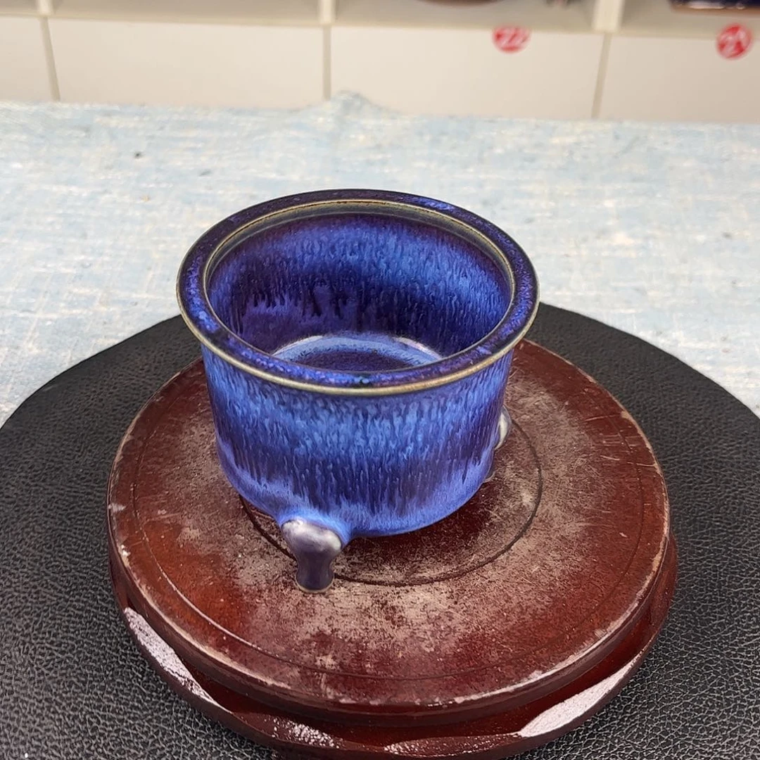 瓷片三足炉炭烧手工大师作品