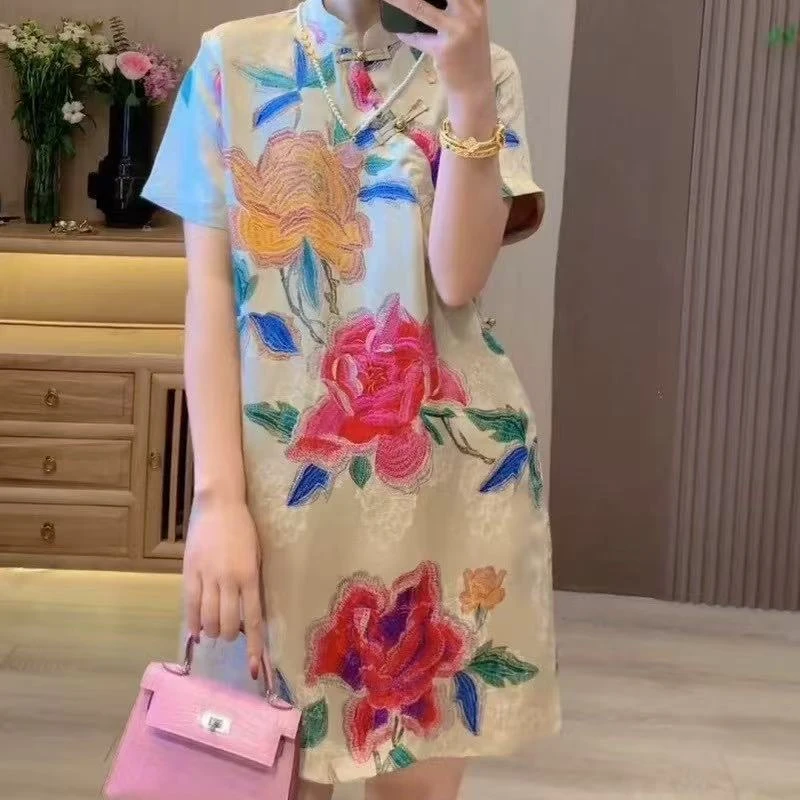 中袖连衣裙不褪色时尚夏季中式气质中长款印花女士背带款显瘦