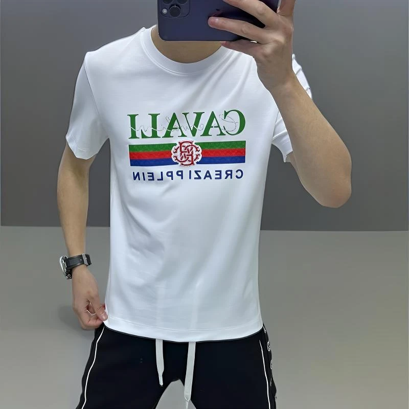 内米霍切短袖T恤男夏季新款休闲风三色条纹刺绣圆领百搭潮流男士