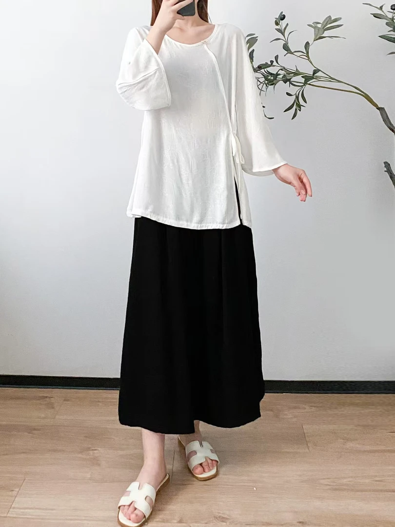 夏季新款提花棉绸套装腰裙国风短袖青岛人造棉气质百搭休闲简约