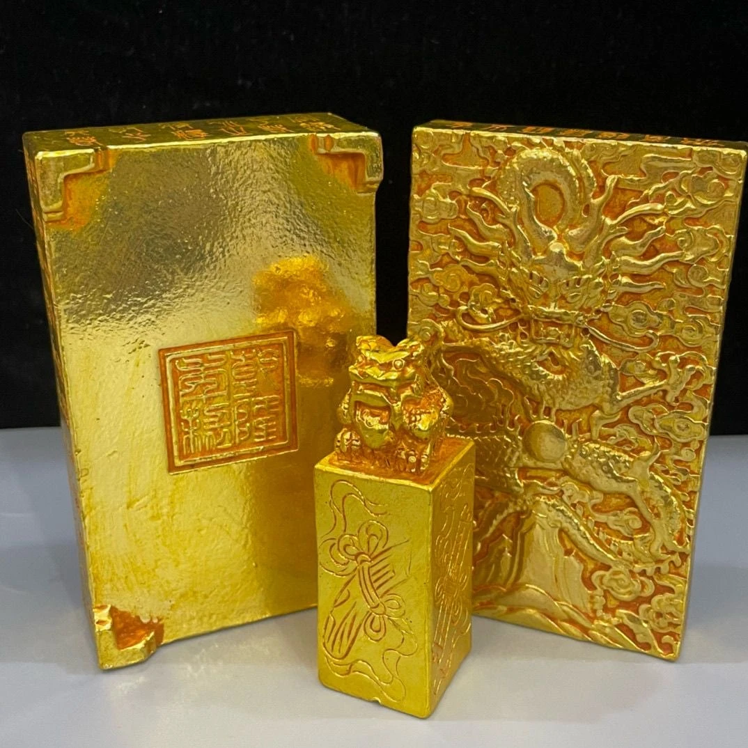 复古珍藏旧藏鎏金清代乾隆年制仿古龙凤印章镇尺龙凤套组合印套盒