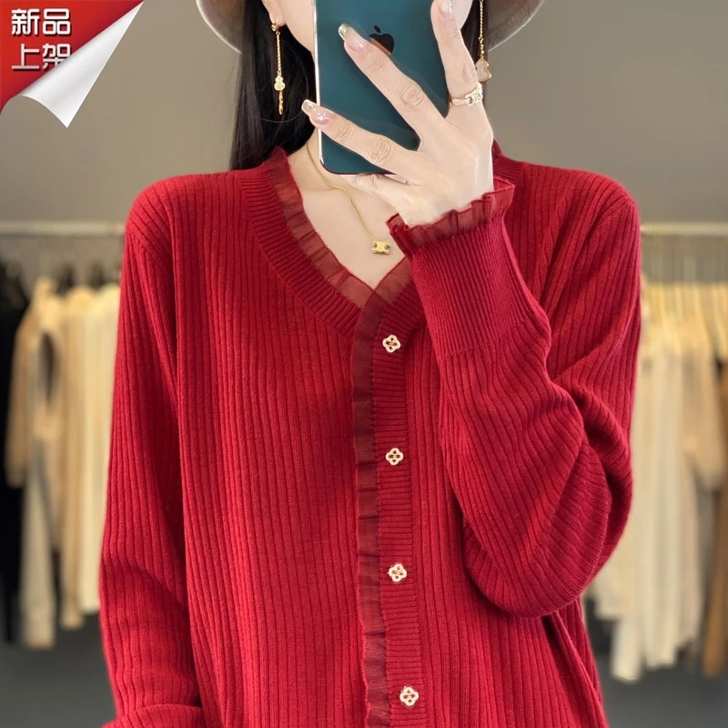 哥弟阿玛施正品春秋新款时尚落肩袖针织衫蕾丝轻职风女士拼接上衣