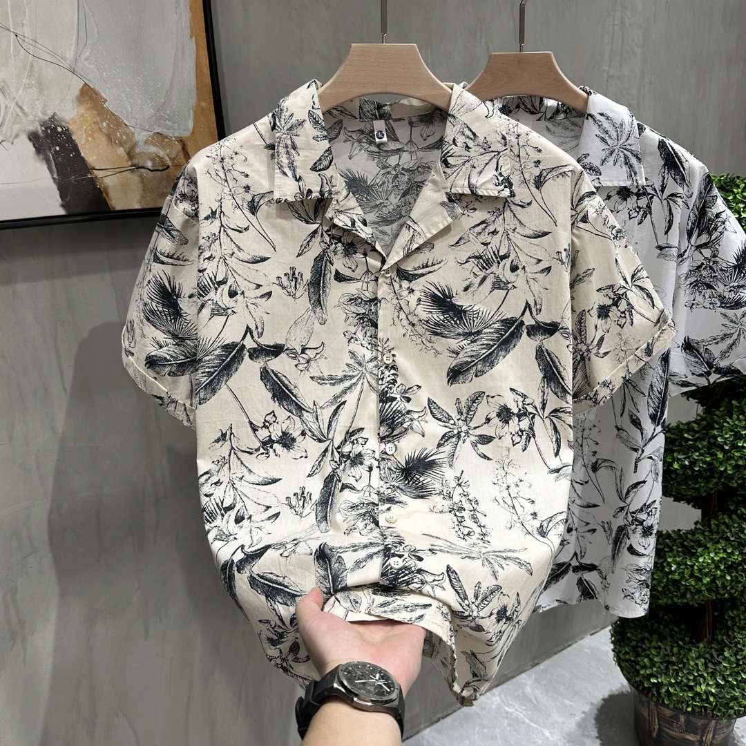 2025夏季沙滩花衬衫短袖男夏季薄款速干海边度假休闲男装五分袖男