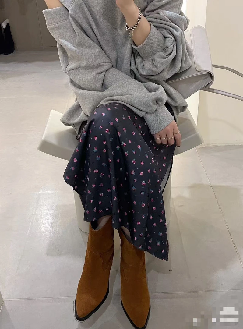 碎花百搭黑色A字裙仙女风抽褶半身裙薄时尚A5-23