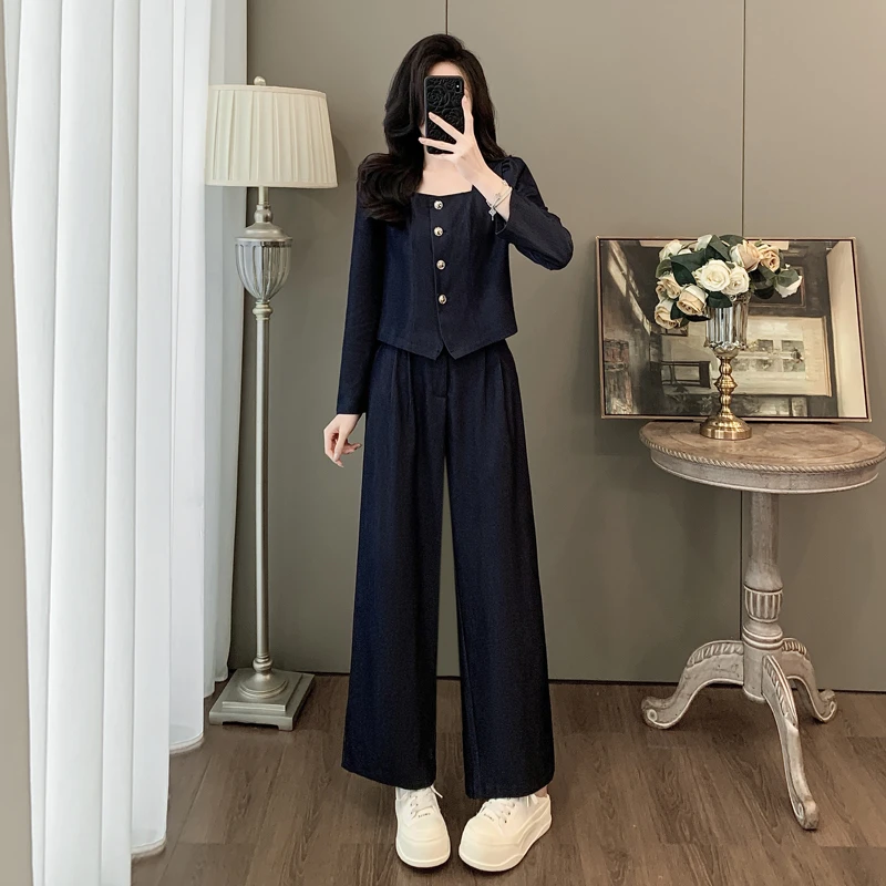 2025秋冬穿搭一整套新款气质休闲套装女洋气显瘦高级感阔腿裤两件