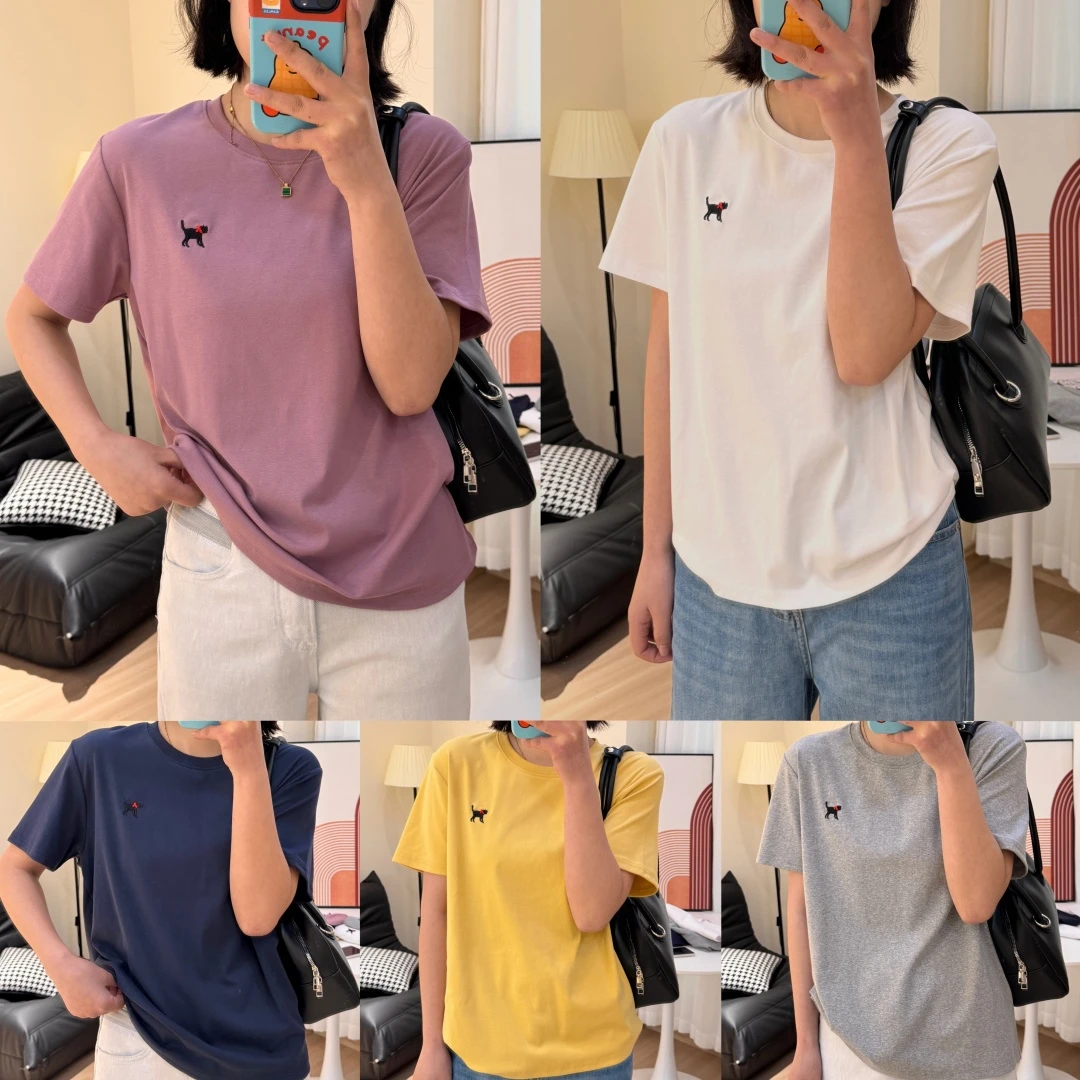 「围脖小猫」2025春季新款简约纯色刺绣圆领棉T恤短袖Q0312