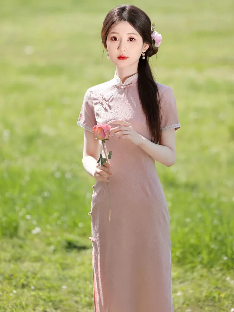 粉色少女改良旗袍裙气质年轻款2025夏季小个子中长款文艺复古日常