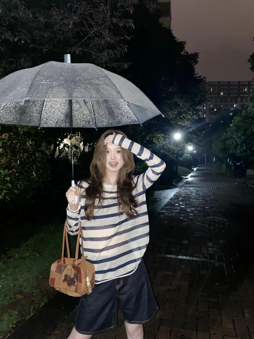 半透视长袖条纹罩衫女慵懒风宽松设计防晒衫牛仔休闲五分裤套装