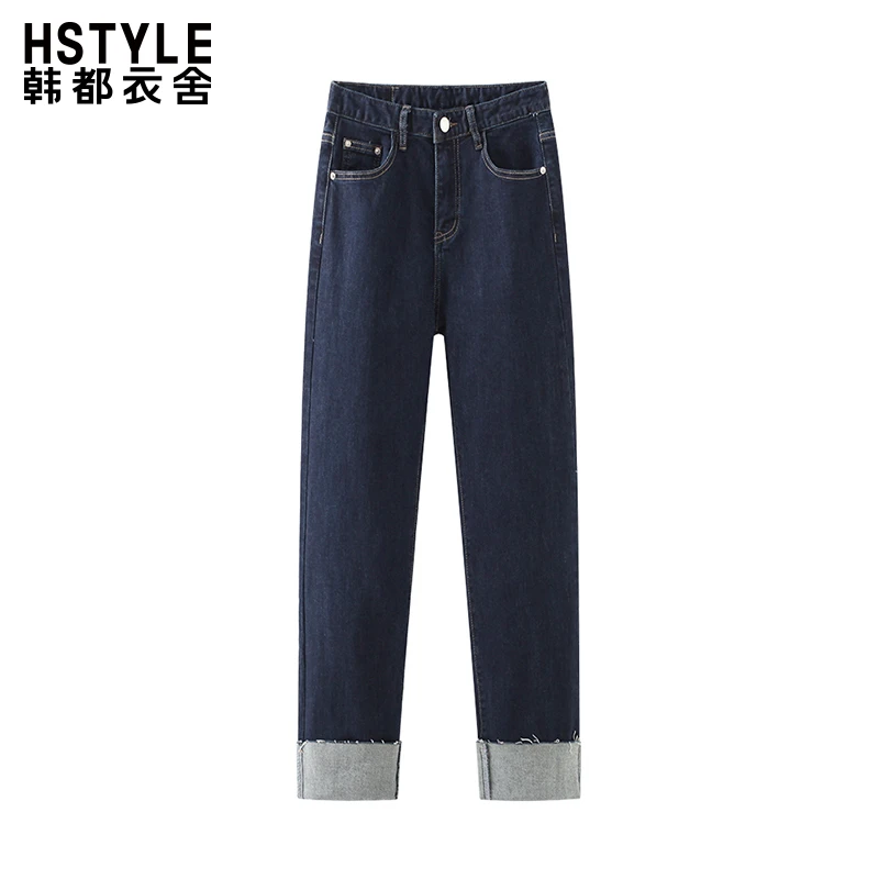 韩都衣舍直筒牛仔裤女高腰显瘦卷边休闲长裤时尚百搭气质