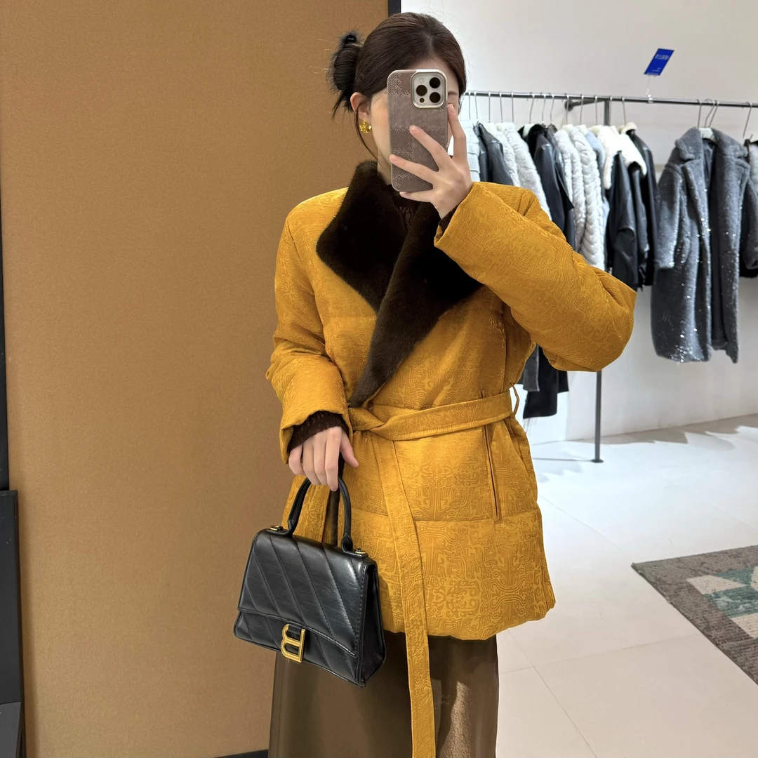韩版chic冬季新款高级感腰带拼毛毛棉服洋气轻奢百搭休闲修身显瘦