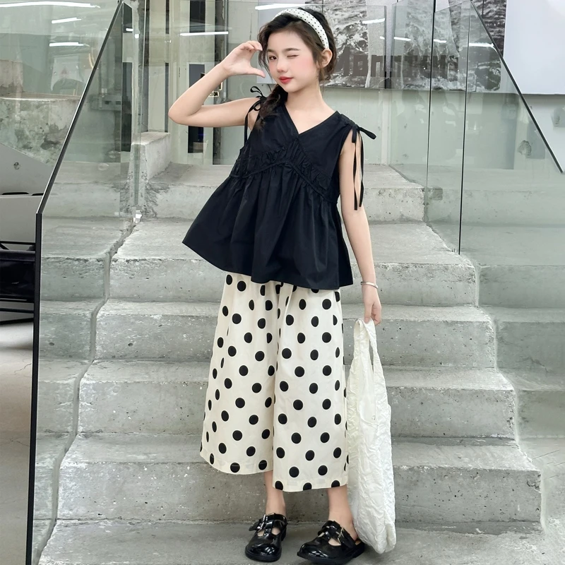 女童套装夏季2025新款洋气小女孩背心娃娃衫夏装中大童波点两件套