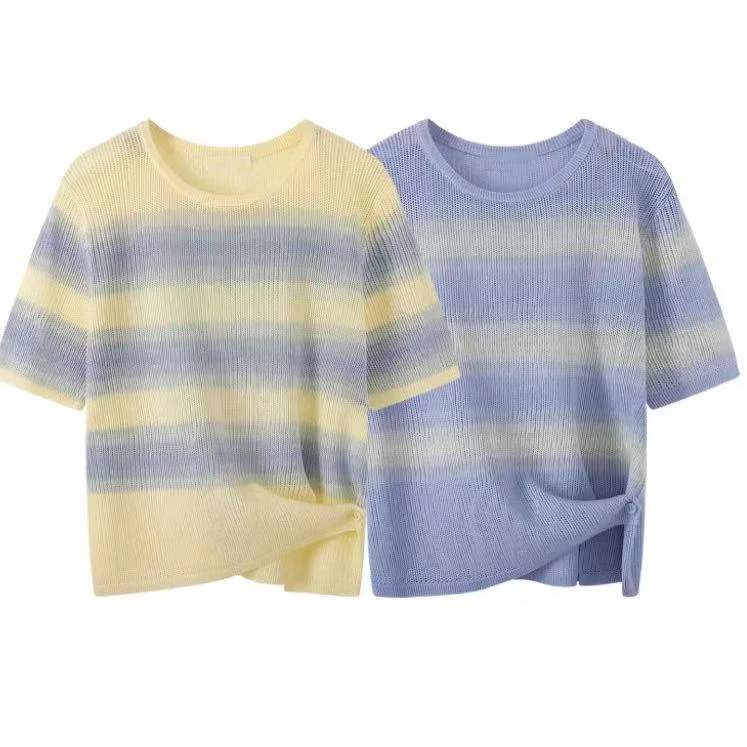 【清仓福利】显瘦侧扣渐变色条纹针织衫超好看短袖T恤衫