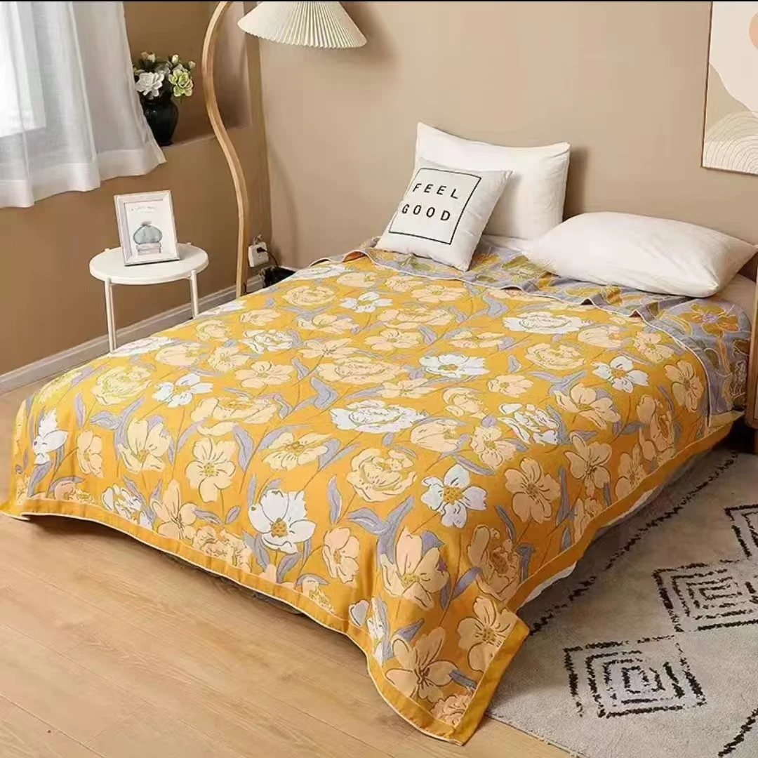 亲肤透气水洗棉多层纱布盖毯大尺寸床盖--栀子花