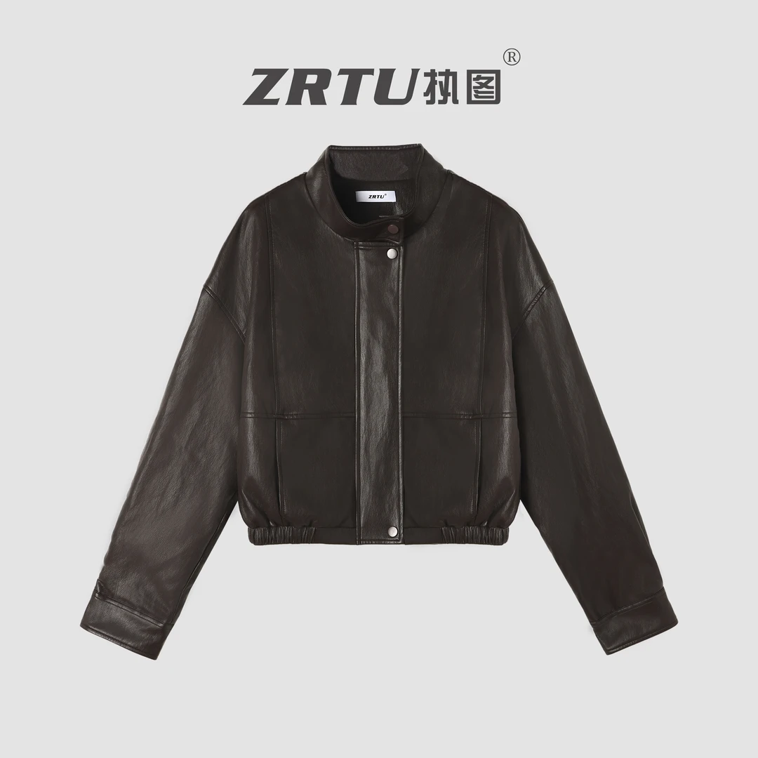 2025秋季新款时尚立领皮衣圆领皮夹克短款女装外套