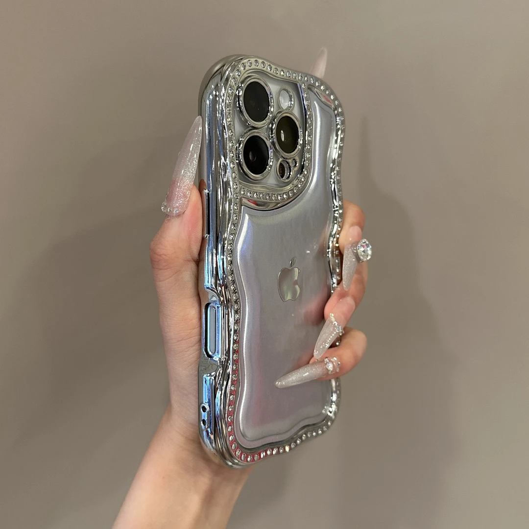 波浪全包边闪钻气垫适用iPhone16pro Max创意15pro全包13/14女12
