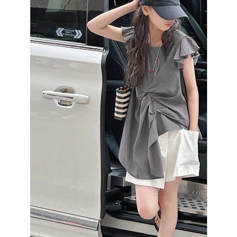 K28668韩系抽褶女童夏装短袖T恤2025新款儿童泡泡袖休闲上衣服潮t