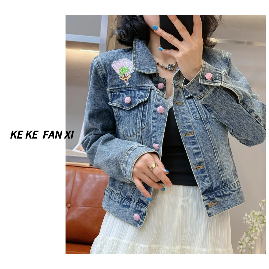 7760粉色扣子牛仔外套时尚休闲百搭重工显瘦春季宽松水洗