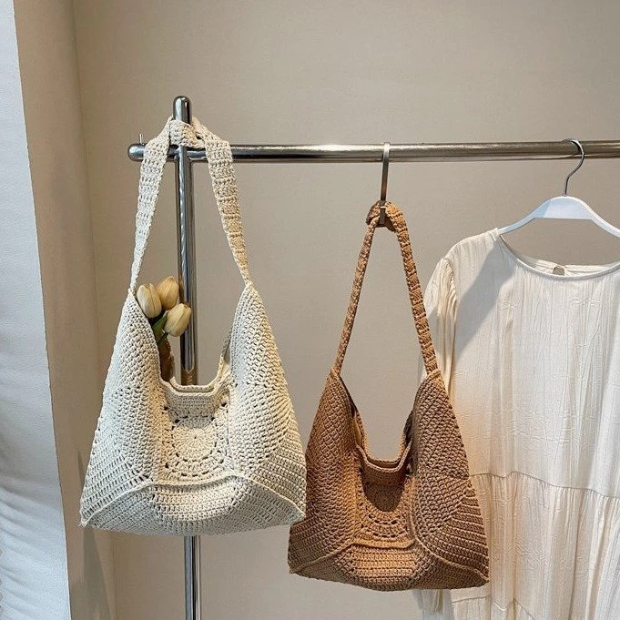 高级感单肩大容量棉线编织包镂空花朵草编包度假风沙滩包百搭女包