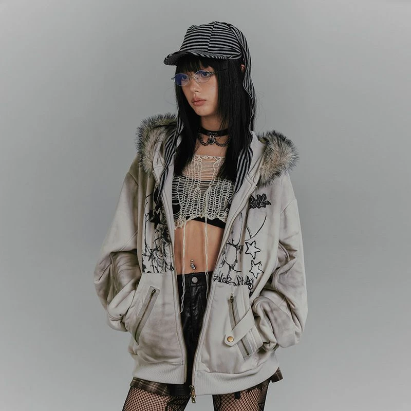 美式复古毛领兔耳连帽卫衣外套灰亚比Y2K印花加绒加厚女上衣秋冬