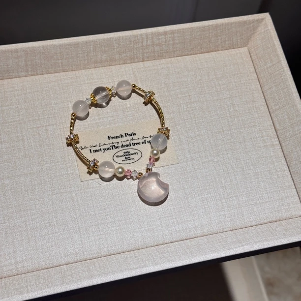 【心愿】天然粉水晶设计款简约月亮手链手串