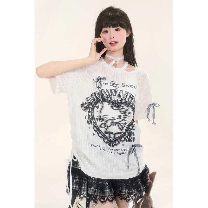 自然涩KT猫圆领镂空防晒罩衫女夏季甜酷蝴蝶结宽松显瘦T恤上衣潮