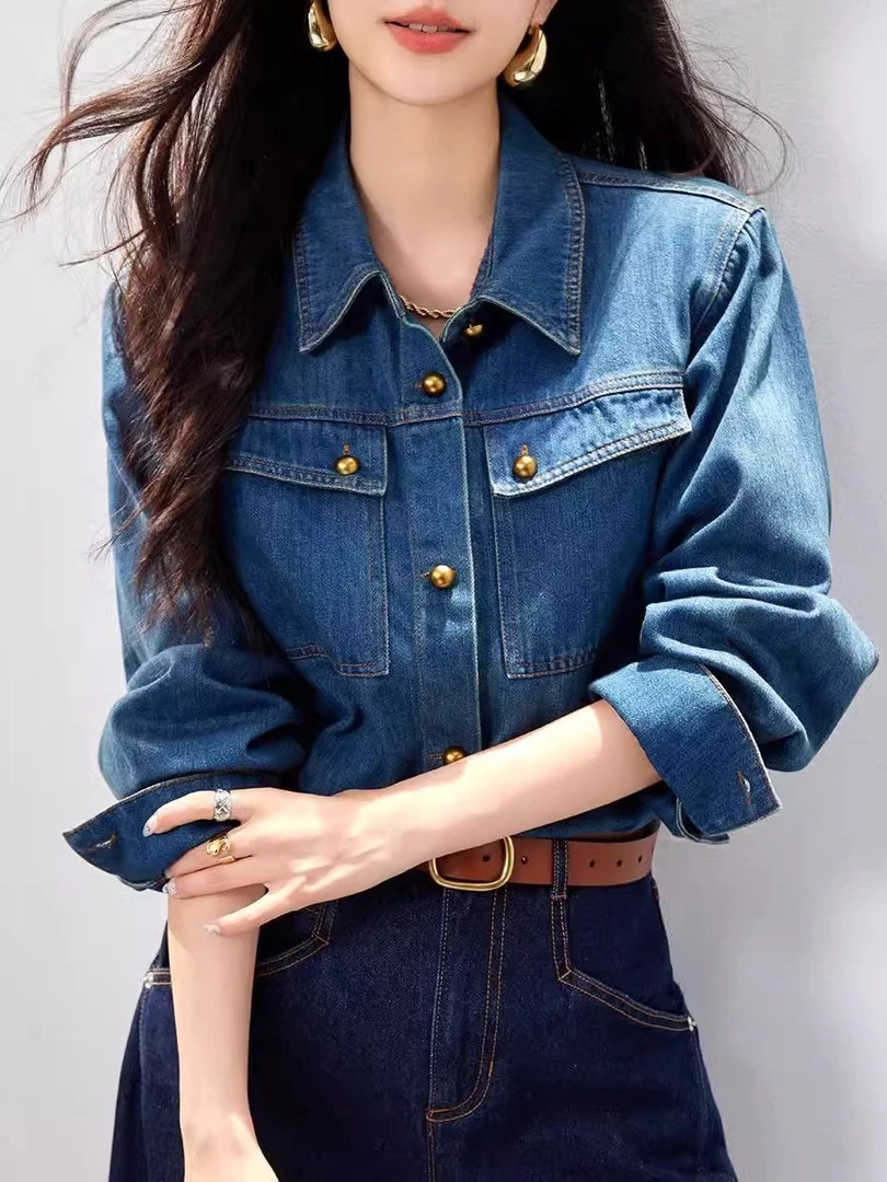 蓝色内搭叠穿牛仔衬衫女春秋美式复古衬衣通勤风气质百搭上衣外套