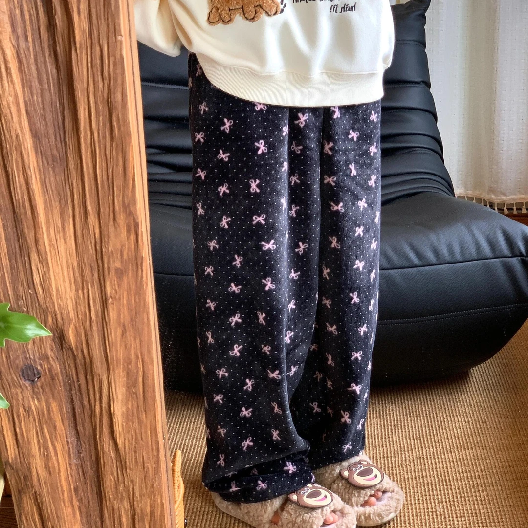 少女蝴蝶结法兰绒睡裤女冬季加厚保暖家居珊瑚绒长裤可外穿遛弯裤